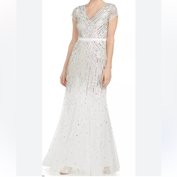Adrianna Papell Long Silver Sequin Dress With Cap Sleeve - Picture 1 of 13